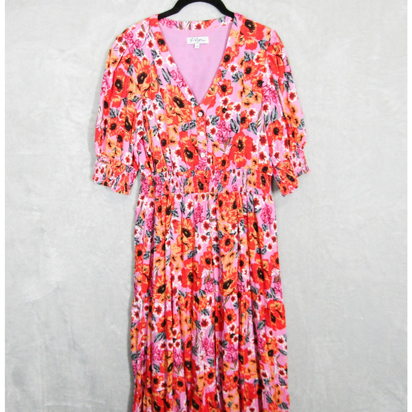 Polagram Midi Dress Womens Large Tiered Poppy V Neck Pink Fuschia - Picture 1 of 16